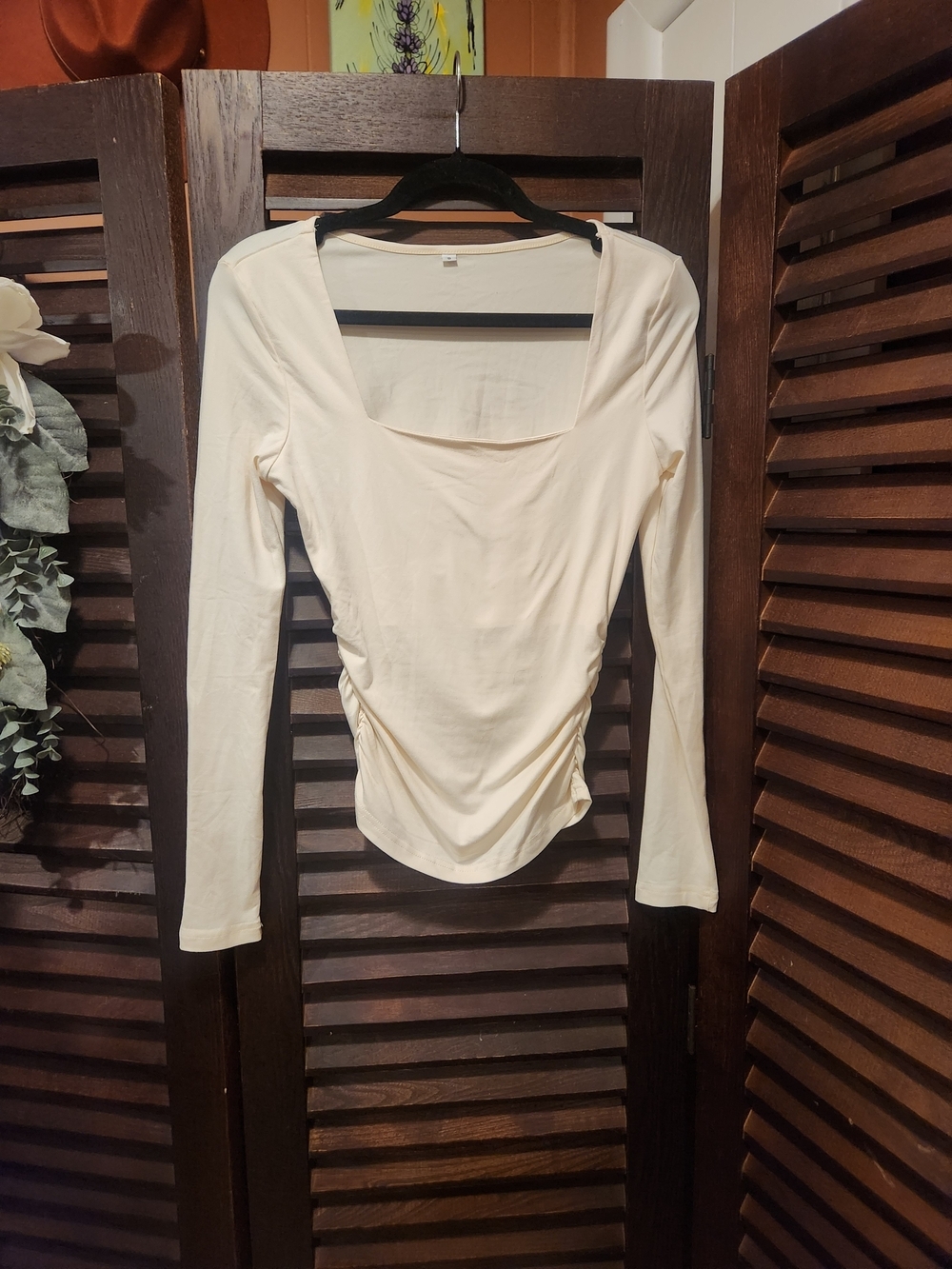 Women’s Cream Long Sleeve Square Neck Ruched Top